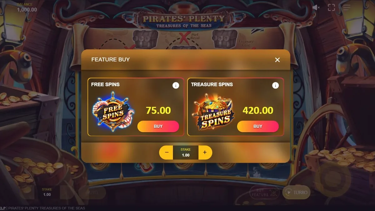 Tampilan visual slot Pirates’ Plenty: Treasures of the Seas dengan tema bajak laut