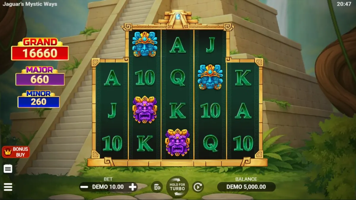 Pemandangan hutan kuno dengan kuil emas dan simbol Jaguar dalam game Jaguar’s Mystic Ways